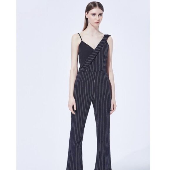 Asymmetrical Pinstripe and Lace Jumpsuit - Picture 1 of 4
